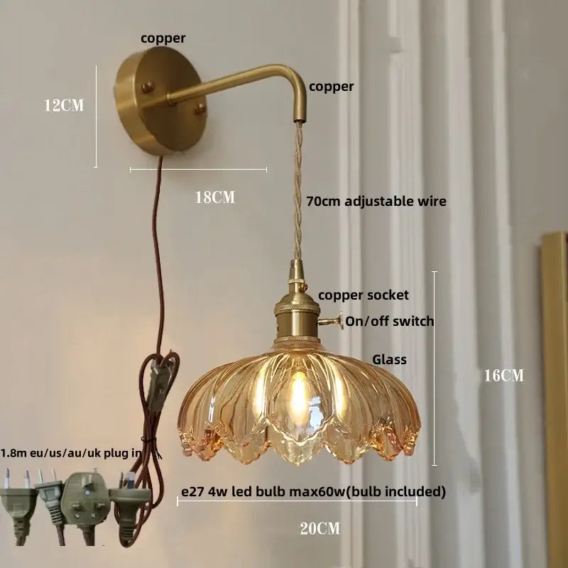 Vintage brass and green glass led wall lamp bedroom lotus light