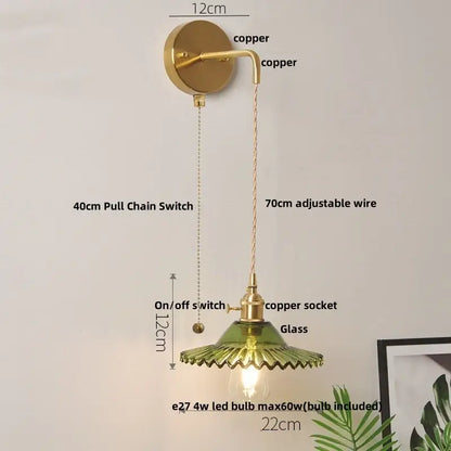 Vintage brass and green glass led wall lamp bedroom lotus light