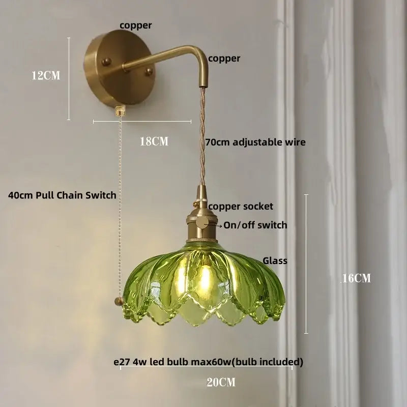 Vintage brass and green glass led wall lamp bedroom lotus light