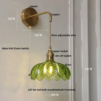 Vintage brass and green glass led wall lamp bedroom lotus light