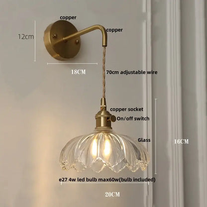 Vintage brass and green glass led wall lamp bedroom lotus light