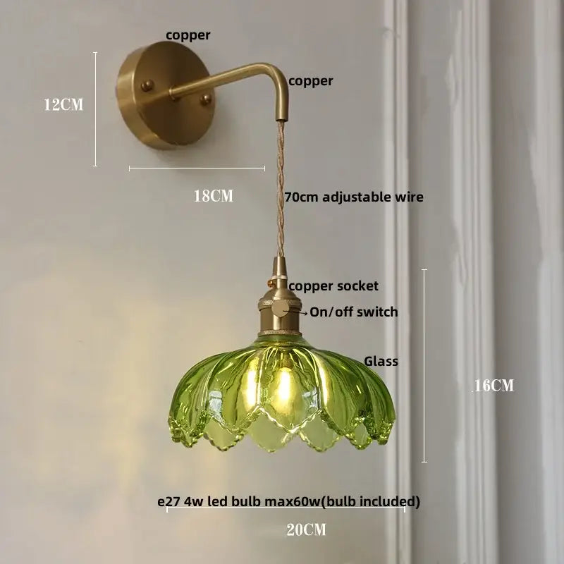 Vintage brass and green glass led wall lamp bedroom lotus light