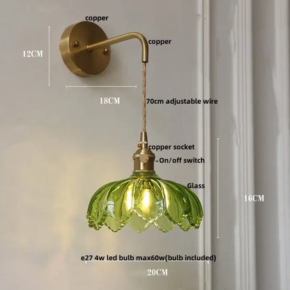 Vintage brass and green glass led wall lamp bedroom lotus light