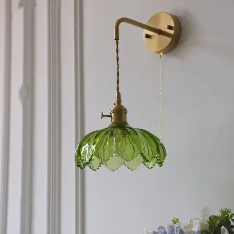Vintage brass and green glass led wall lamp bedroom lotus light