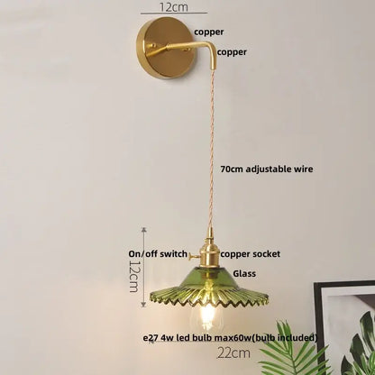 Vintage brass and green glass led wall lamp bedroom lotus light