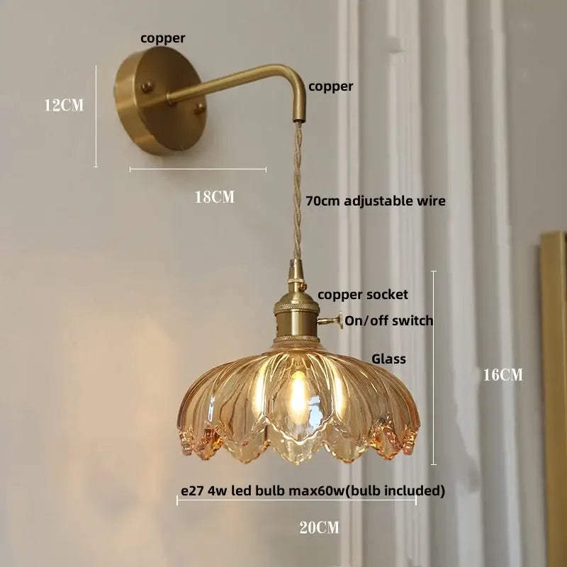 Vintage brass and green glass led wall lamp bedroom lotus light