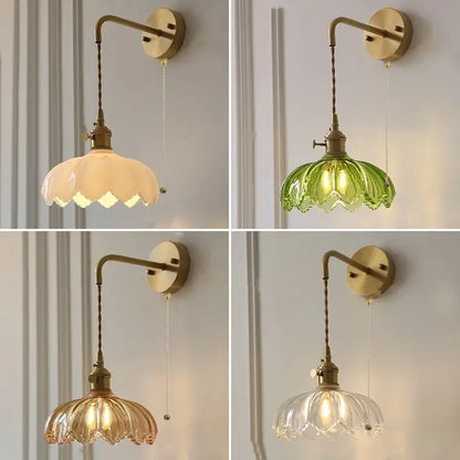 Vintage brass and green glass led wall lamp bedroom lotus light