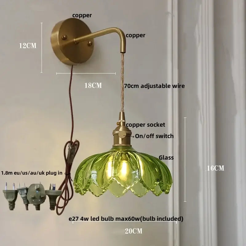 Vintage brass and green glass led wall lamp bedroom lotus light