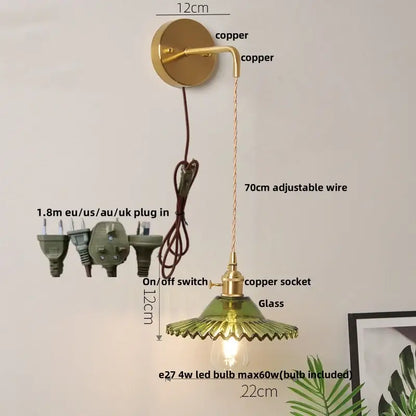 Vintage brass and green glass led wall lamp bedroom lotus light