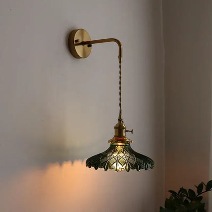 Vintage brass and green glass led wall lamp living room sconce