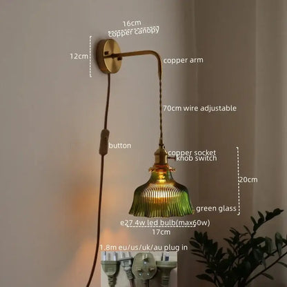 Vintage brass and green glass led wall lamp living room sconce