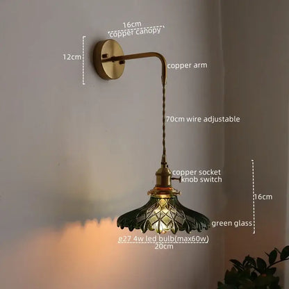 Vintage brass and green glass led wall lamp living room sconce