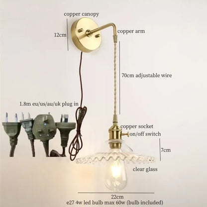 Vintage brass and green glass led wall light bedroom sconce