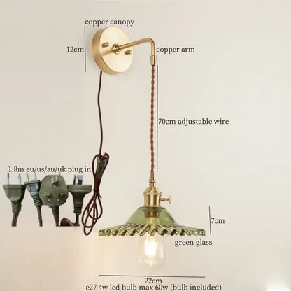 Vintage brass and green glass led wall light bedroom sconce