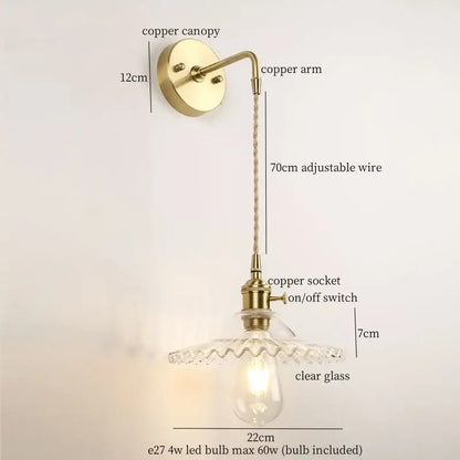 Vintage brass and green glass led wall light bedroom sconce