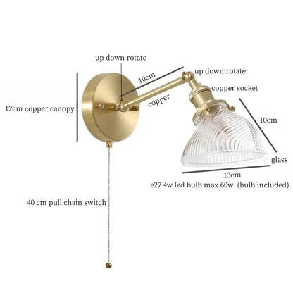 Vintage brass and green glass led wall sconce for bedroom