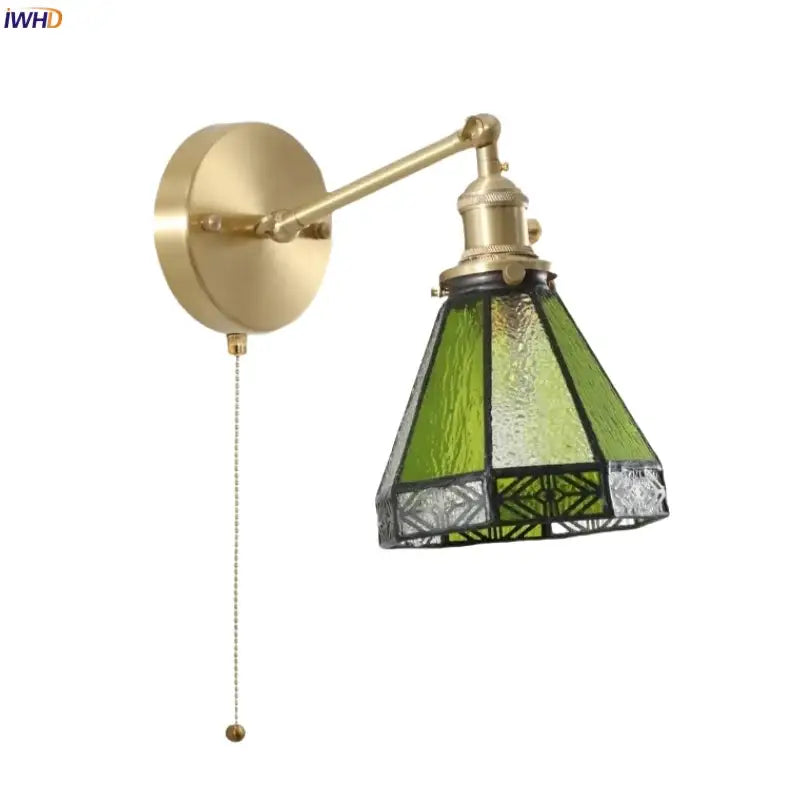 Vintage brass and green glass led wall sconce for bedroom