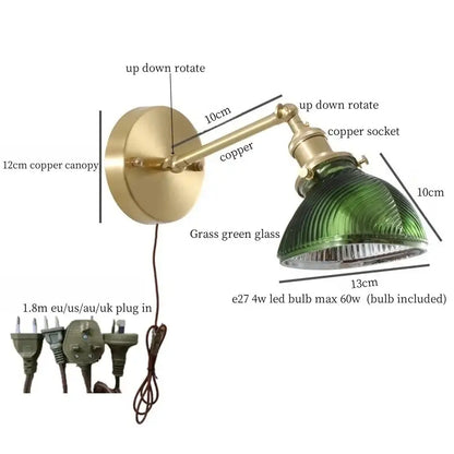 Vintage brass and green glass led wall sconce for bedroom