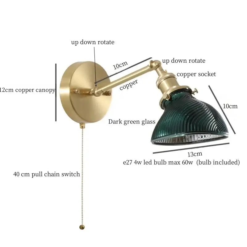 Vintage brass and green glass led wall sconce for bedroom