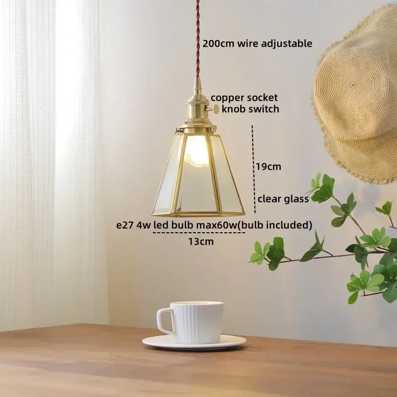 Vintage brass and green glass pendant light bedroom decor