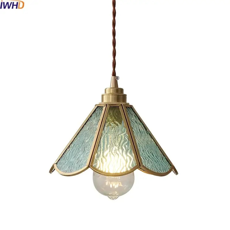 Vintage brass and green glass pendant light bedroom decor