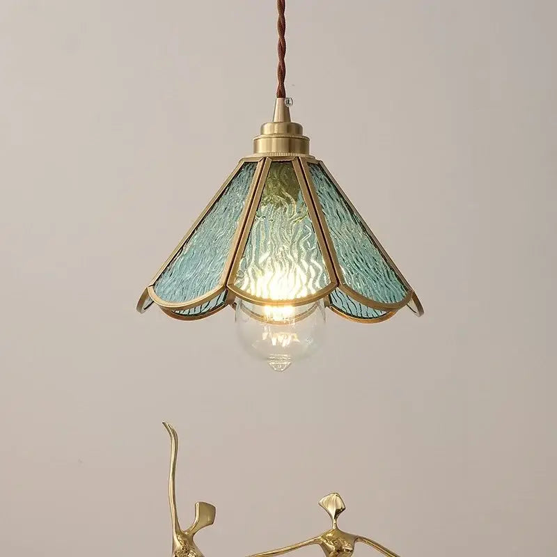 Vintage brass and green glass pendant light bedroom decor