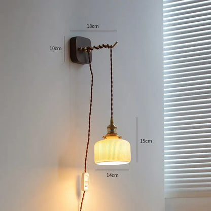 Vintage brass and ribbed glass led wall sconce bedroom light