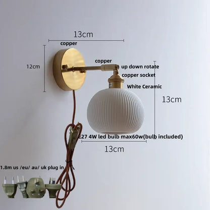 Vintage brass and ruffled glass ceramic led wall light bathroom mirror
