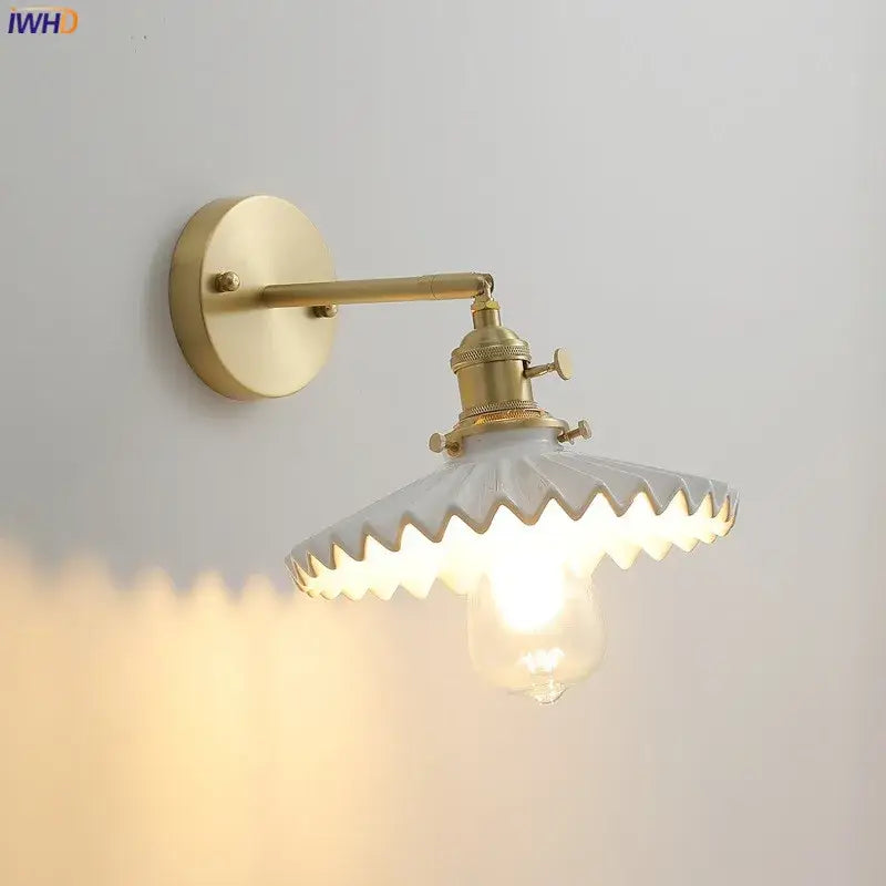 Vintage brass and scalloped glass led wall lamp for bedroom