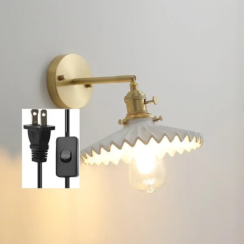 Vintage brass and scalloped glass led wall lamp for bedroom