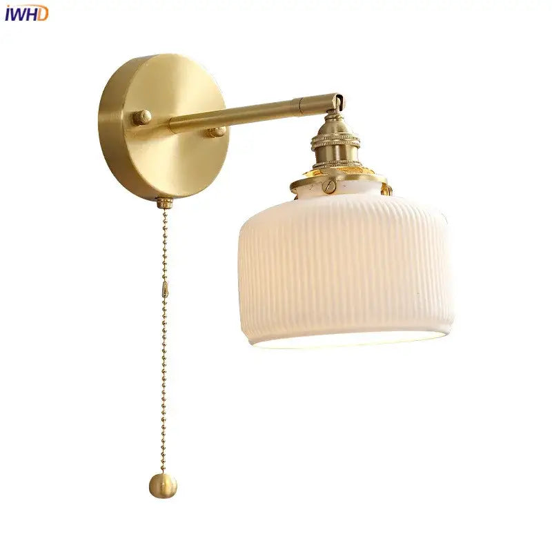 Vintage brass and scalloped glass led wall lamp for bedroom