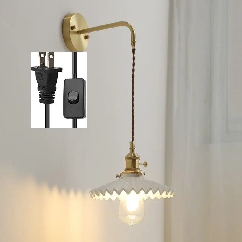 Vintage brass and scalloped glass led wall lamp for bedroom