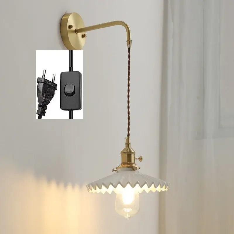 Vintage brass and scalloped glass led wall lamp for bedroom