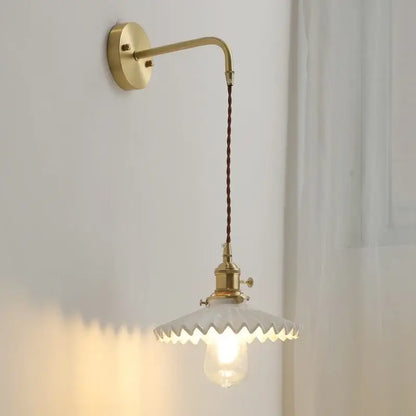 Vintage brass and scalloped glass led wall lamp for bedroom