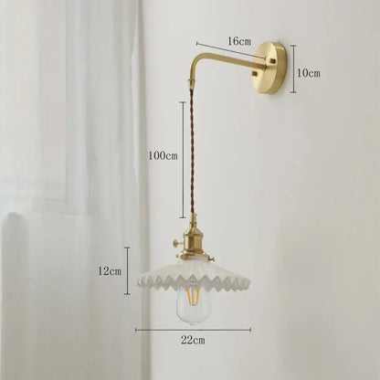 Vintage brass and scalloped glass led wall lamp for bedroom