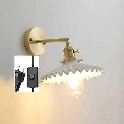 Vintage brass and scalloped glass led wall lamp for bedroom
