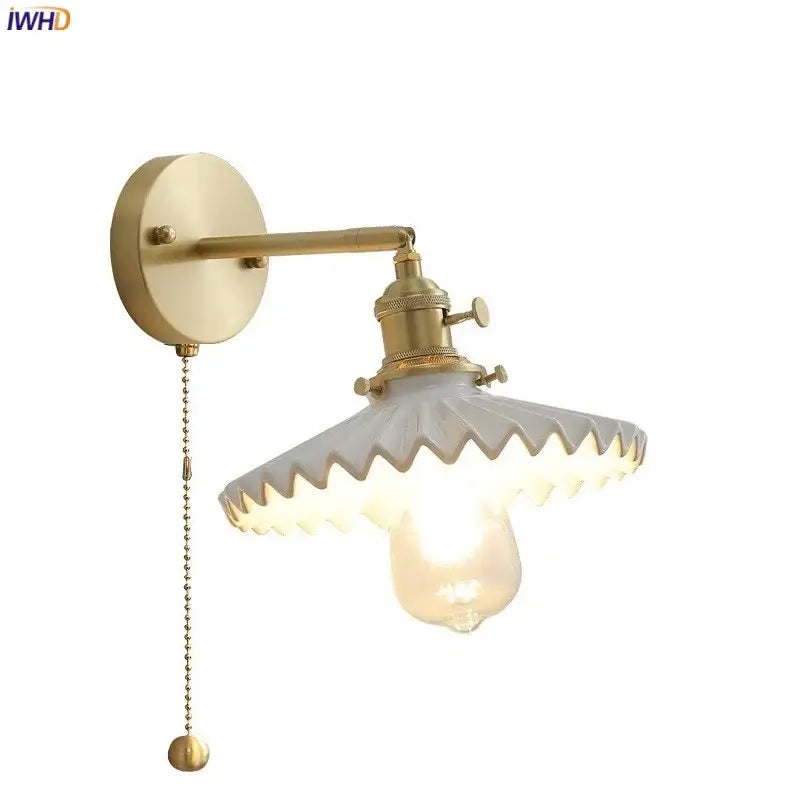 Vintage brass and scalloped glass led wall lamp for bedroom