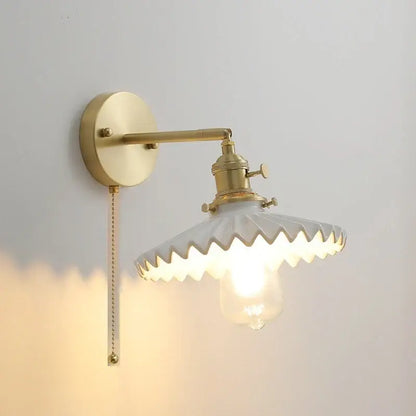 Vintage brass and scalloped glass led wall lamp for bedroom