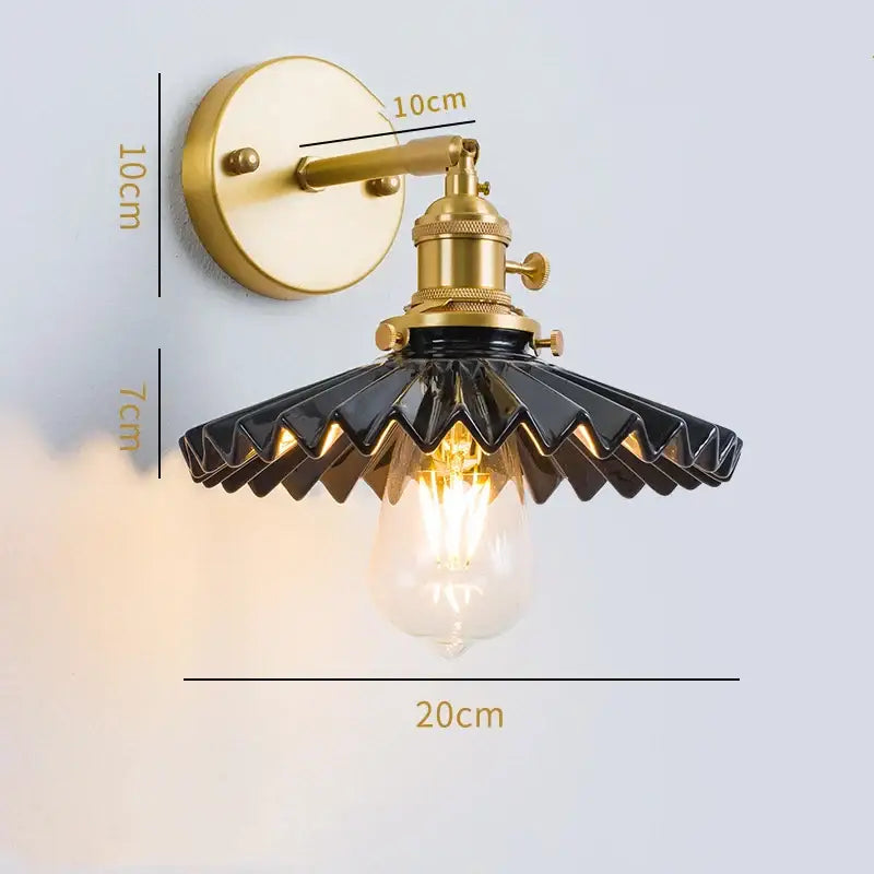 Vintage brass and scalloped glass led wall lamp for bedroom