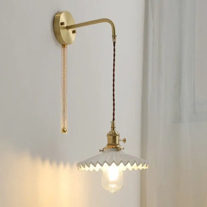 Vintage brass and scalloped glass led wall lamp for bedroom