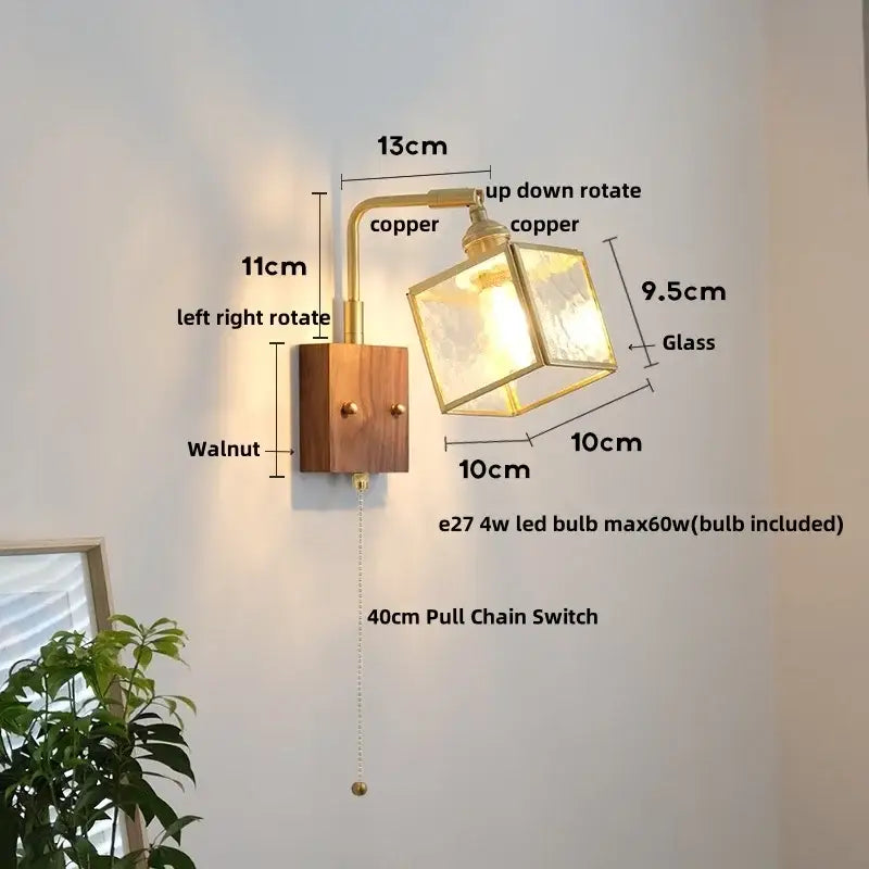 Vintage brass and walnut glass wall light with pull chain bedroom