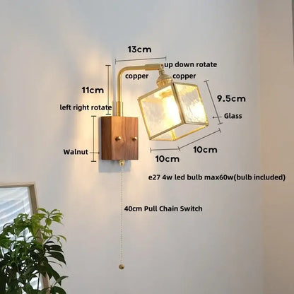 Vintage brass and walnut glass wall light with pull chain bedroom