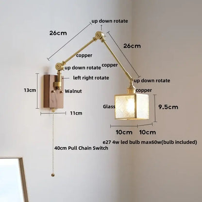 Vintage brass and walnut glass wall light with pull chain bedroom