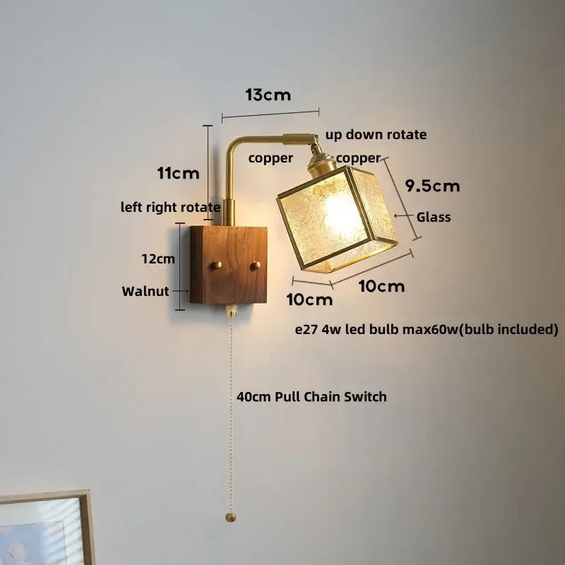 Vintage brass and walnut glass wall light with pull chain bedroom