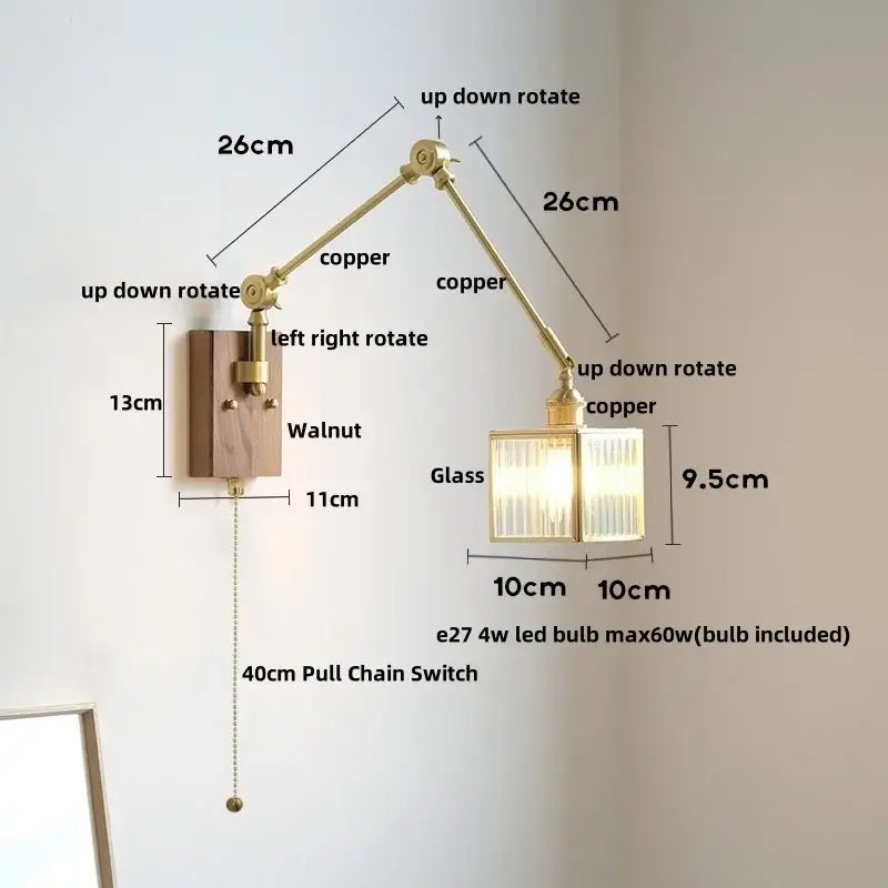 Vintage brass and walnut glass wall light with pull chain bedroom