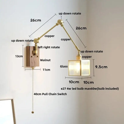 Vintage brass and walnut glass wall light with pull chain bedroom