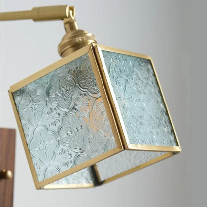 Vintage brass and walnut glass wall light with pull chain bedroom
