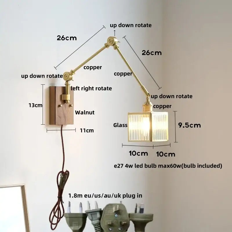 Vintage brass and walnut glass wall light with pull chain bedroom