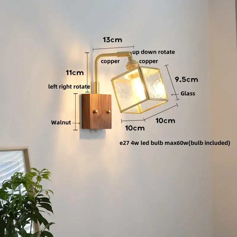 Vintage brass and walnut glass wall light with pull chain bedroom