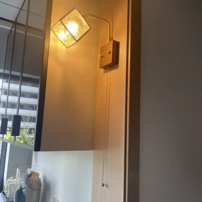Vintage brass and walnut glass wall light with pull chain bedroom